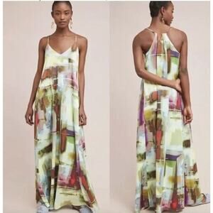 Nicole Miller Watercolor Satin Maxi V-Neck Flowy Slip Dress Size 6